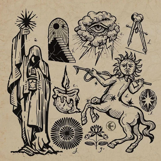 Woodcut patchwork tattoo design with mystical symbols for men and women