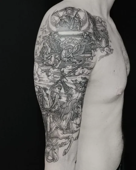 Woodcut style Saint Michael, angels, sword tattoo design for men on upper arm