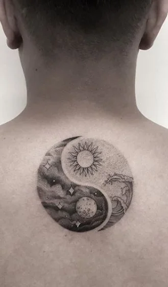 Yin Yang Sun Moon Fine Line Dotwork tattoo design for men on Back