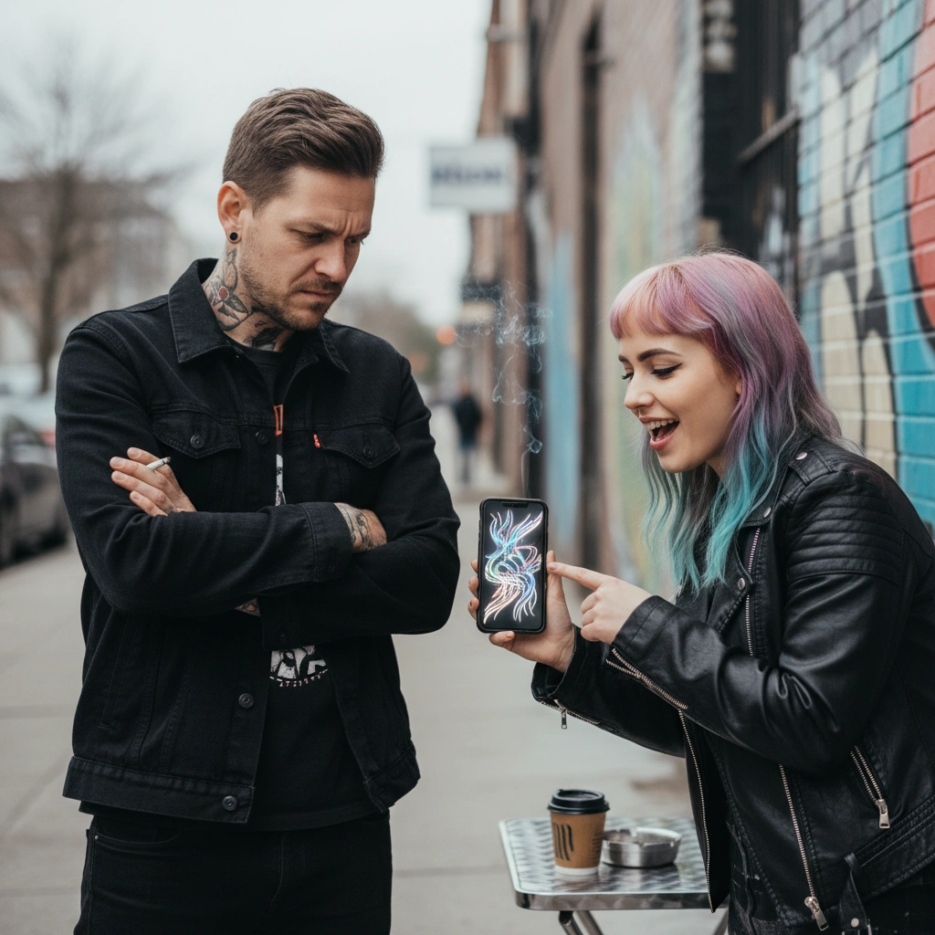 Tatoueur sceptique regardant un design IA sur téléphone