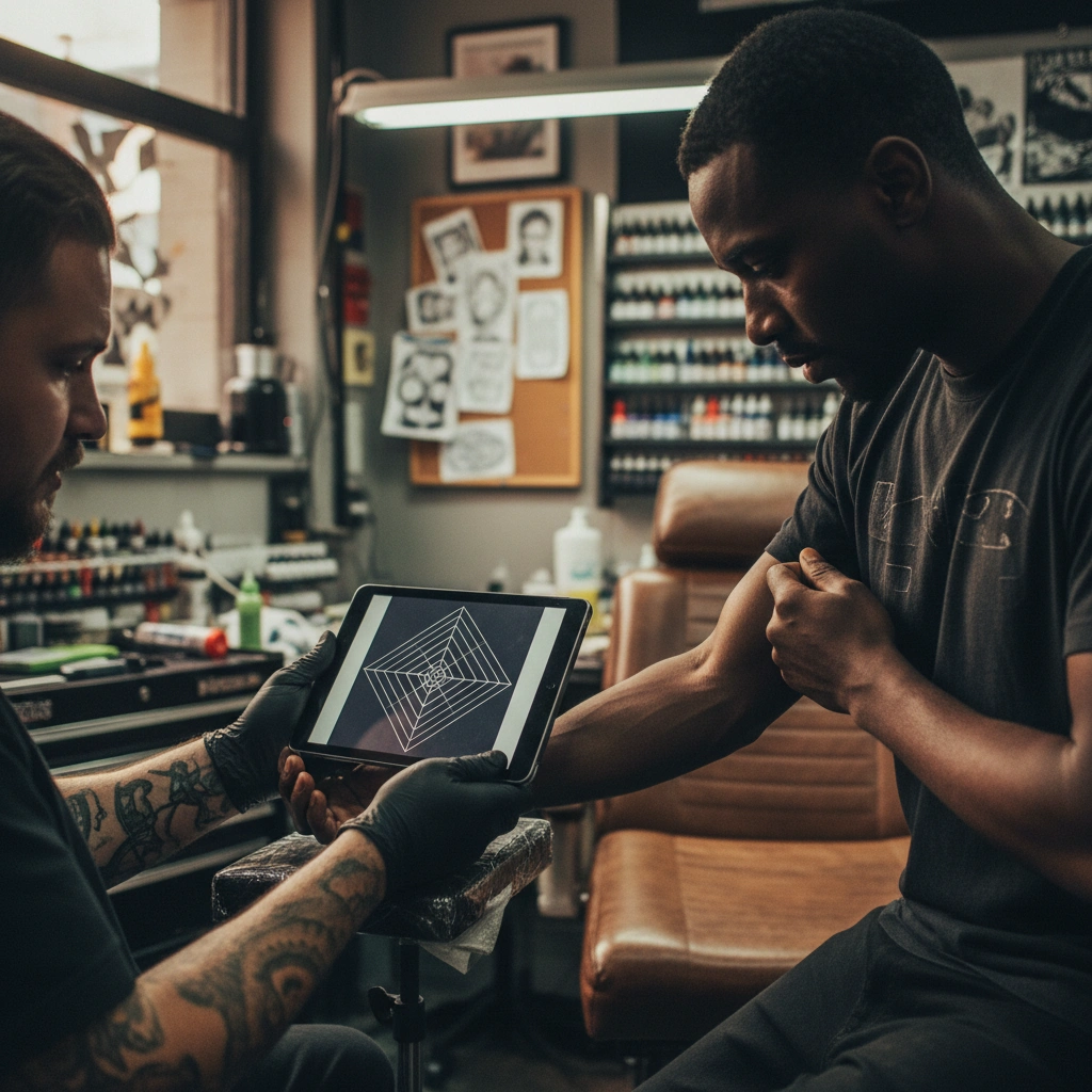 Tattoo artist showing white ink geometric design on tablet