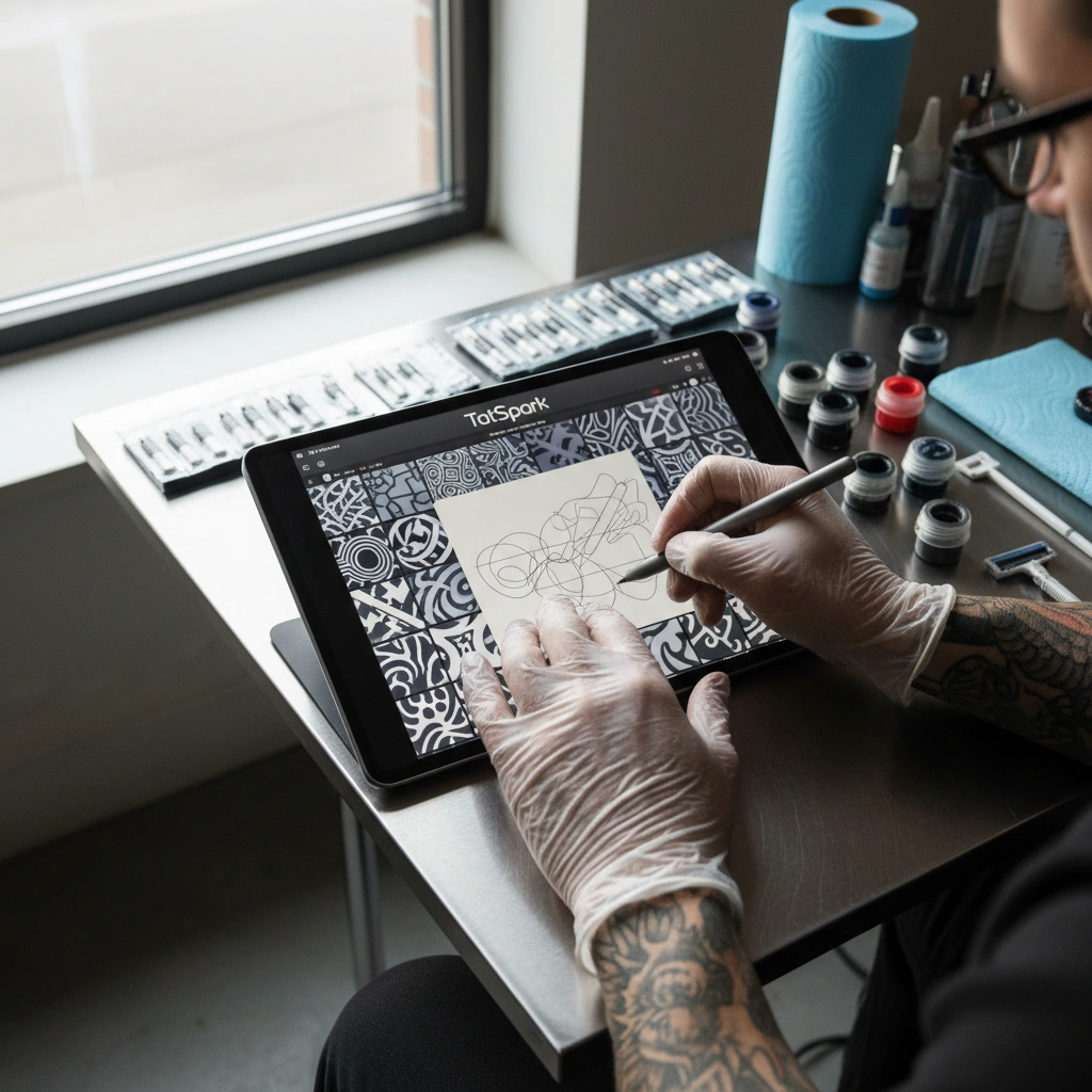 Tattoo artist analyzing Tatspark stencil on tablet
