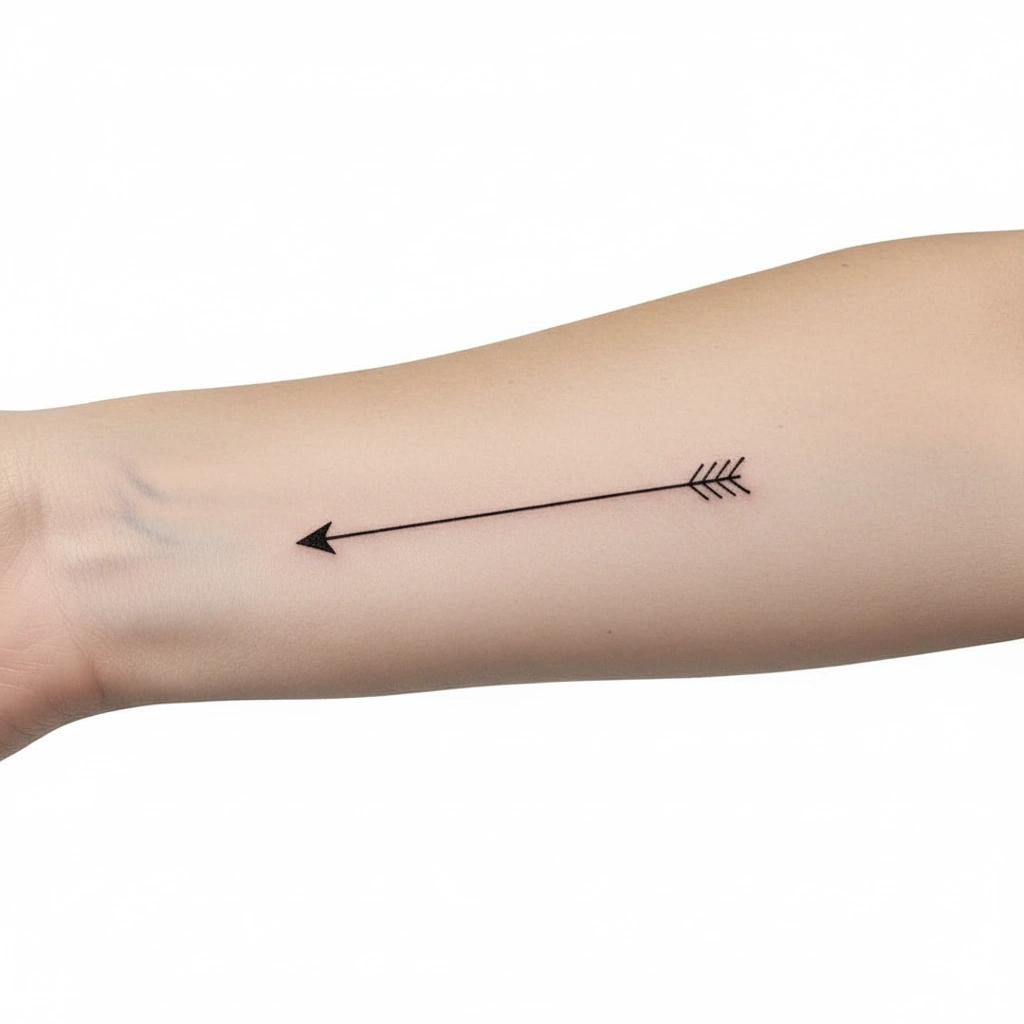 Minimalist fine-line arrow forearm tattoo design for women