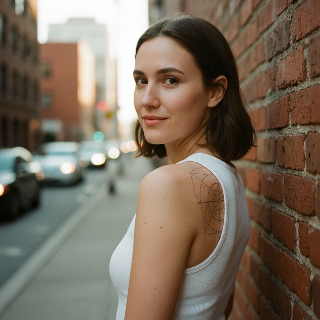 Donna mostra tatuaggio geometrico scoperto con IA