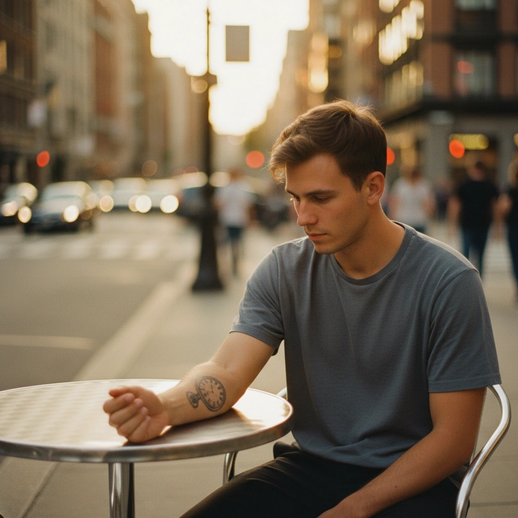 Man looking at meaningful tattoo on forearm