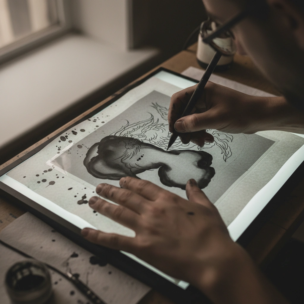 Mains de tatoueur essayant de tracer un stencil sur une image floue