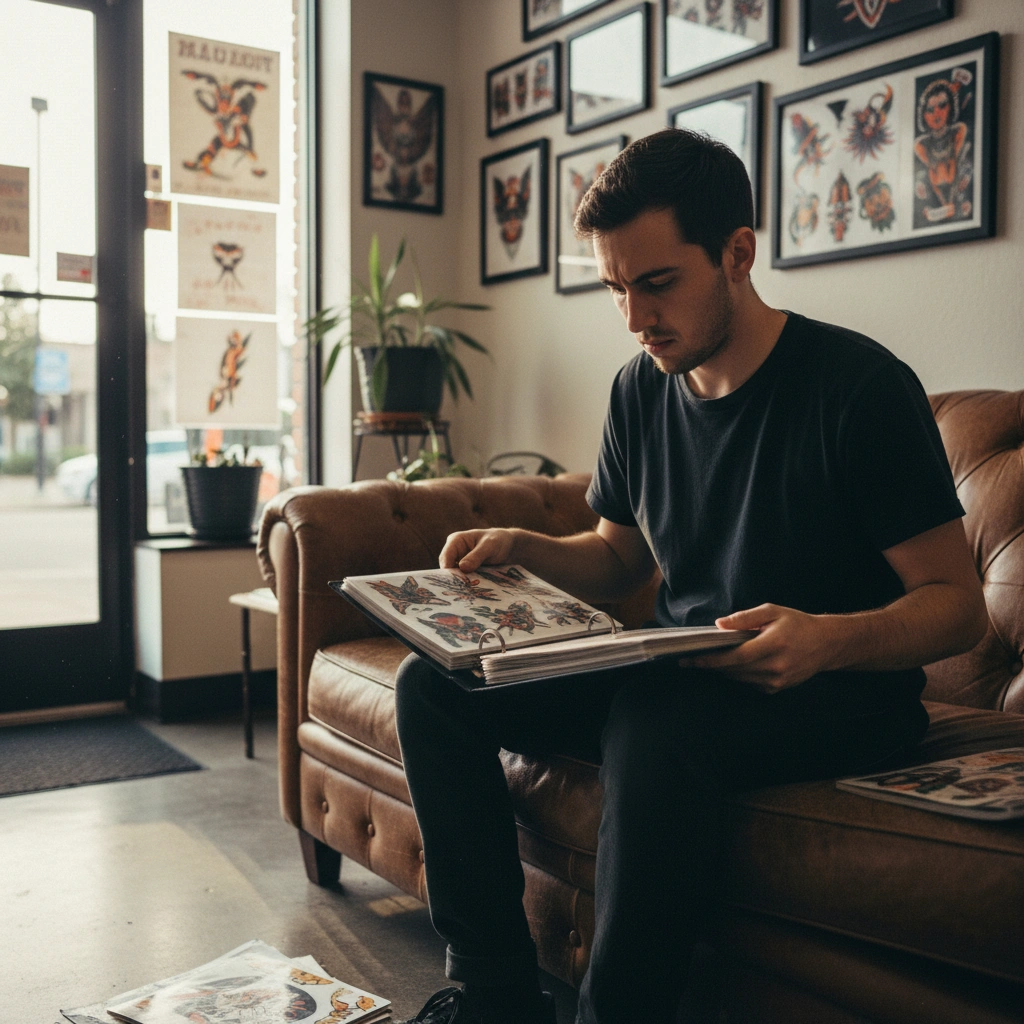 Uomo che visualizza tatuaggio su avambraccio con app