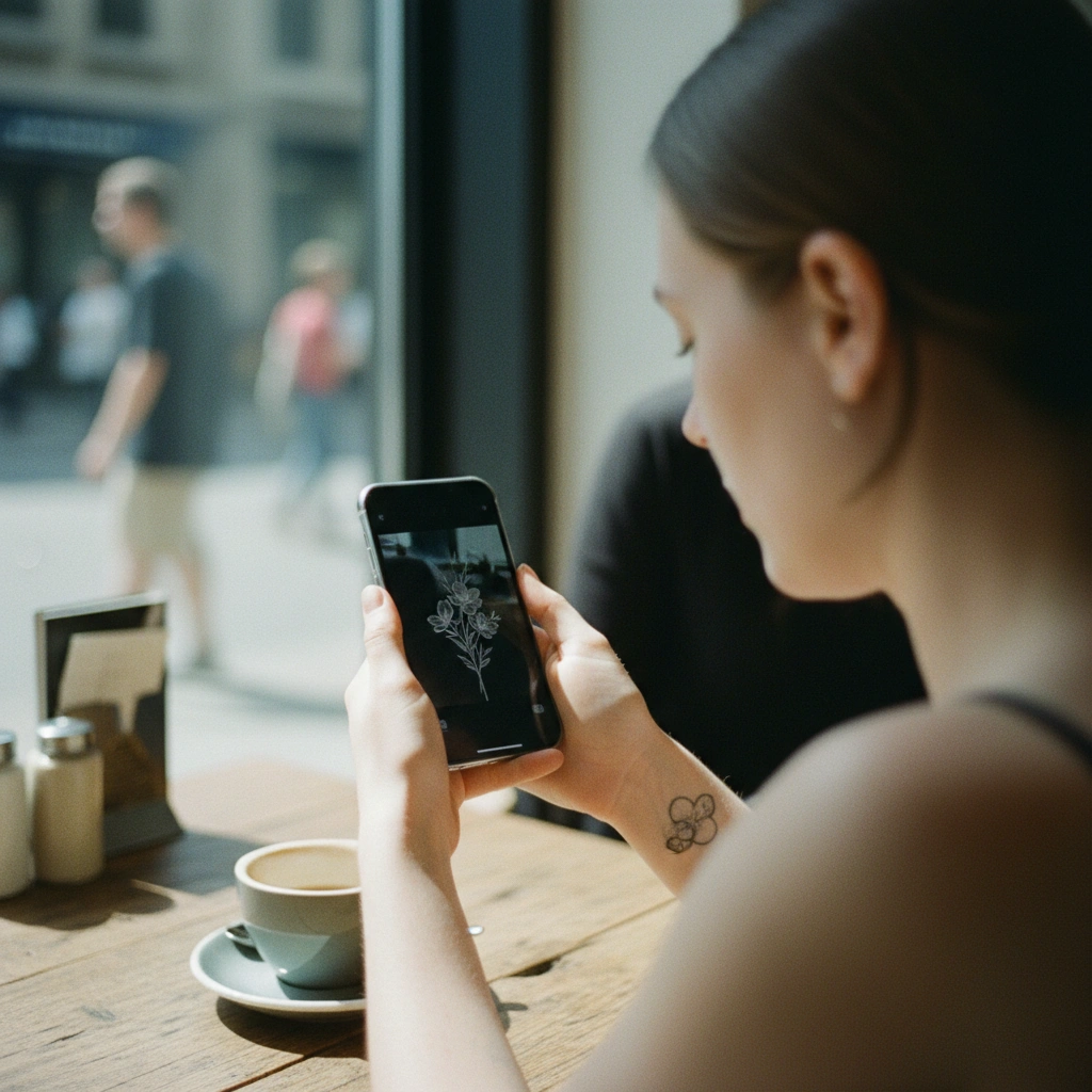 Woman using phone to preview white ink floral tattoo on arm