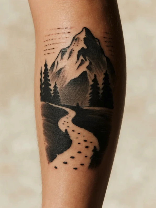 minimal blackwork mountain path tattoo on calf using negative space to represent resilience and growth