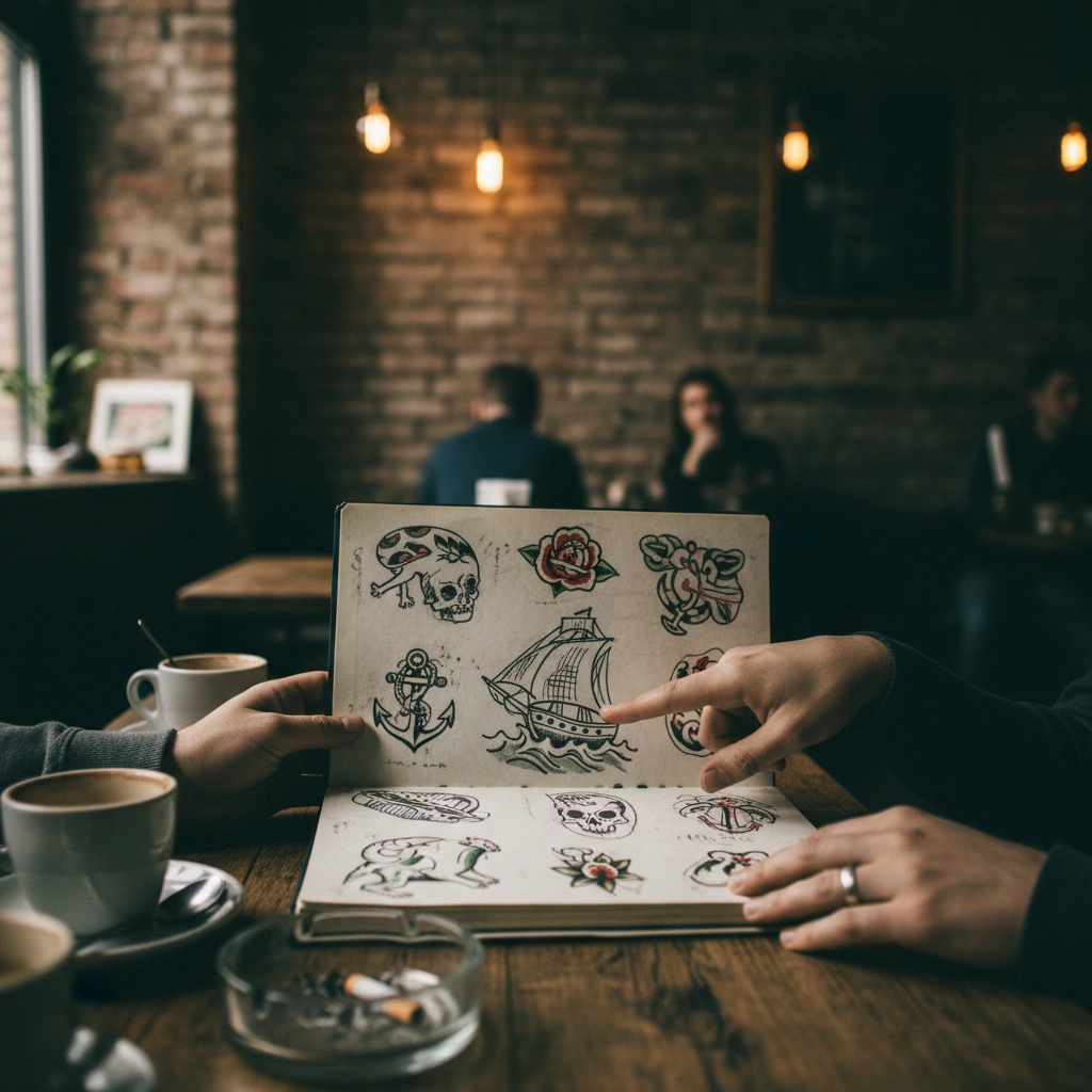 Person im Café mit Tattoo Skizzenbuch