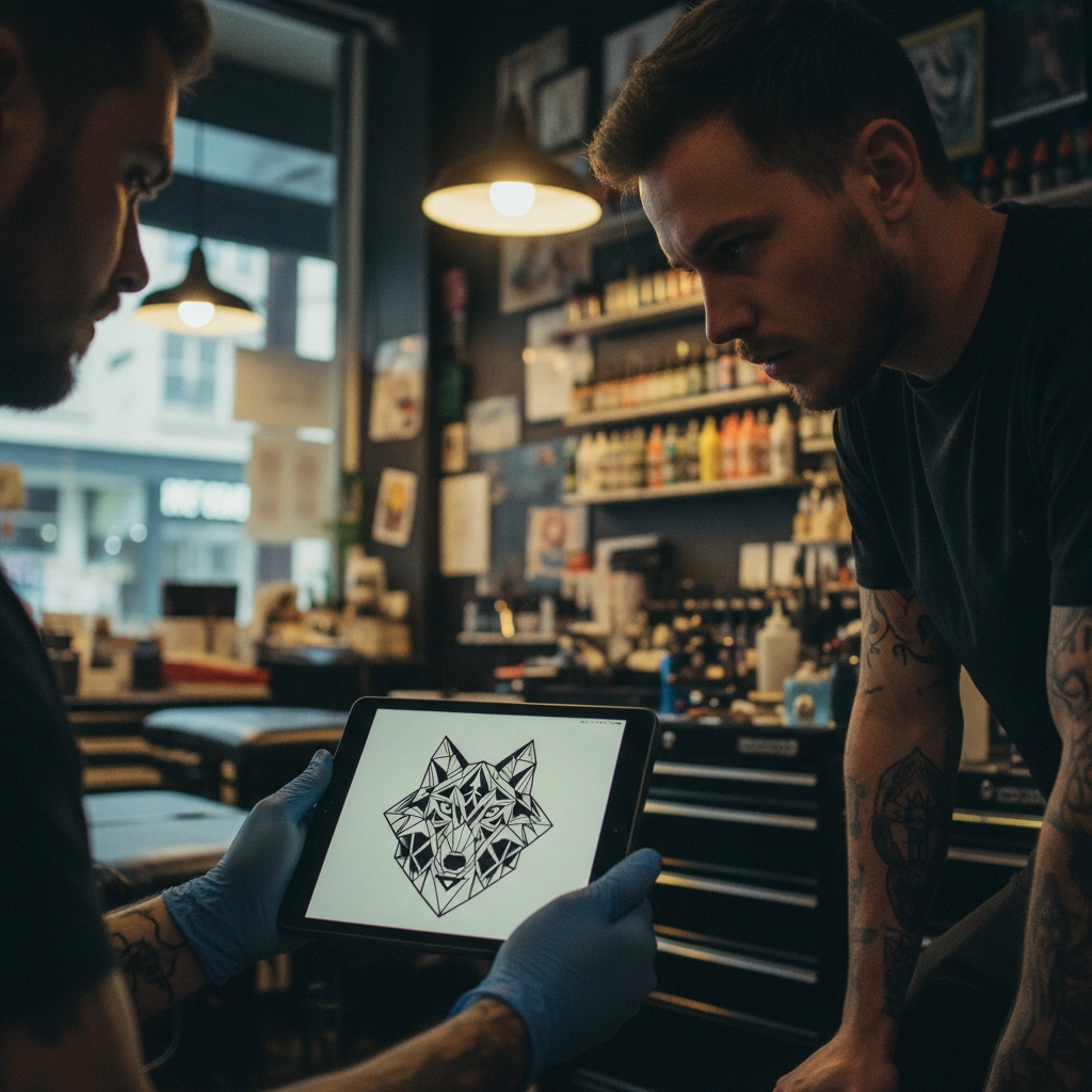 Tatoueur montrant un design IA sur iPad à un client