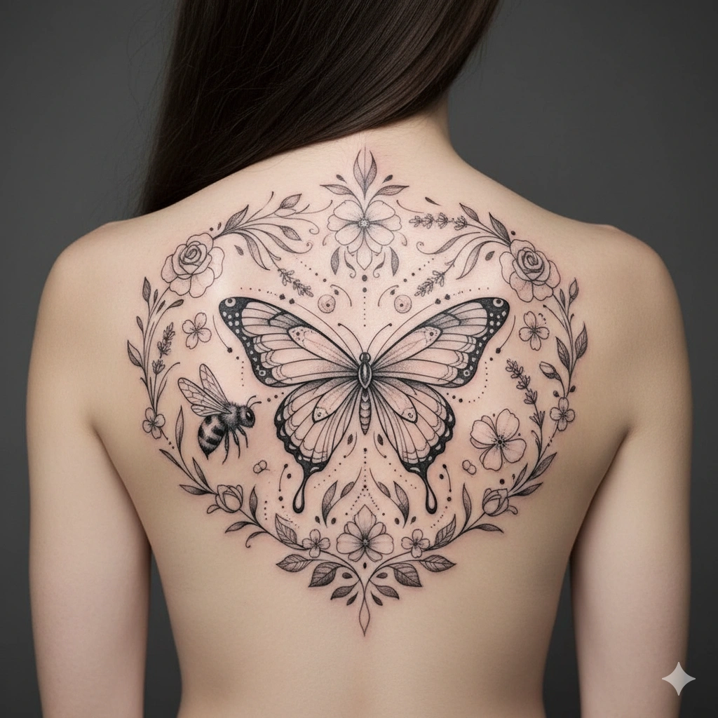 Fine-line butterfly and bee back tattoo design for women