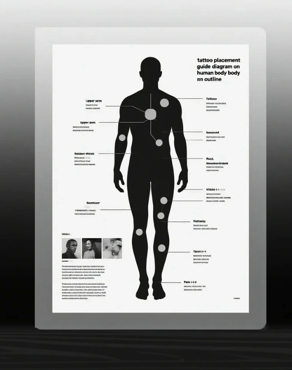 tattoo placement guide diagram marking upper arm, shoulder blade and ribs with notes on pain level and visibility