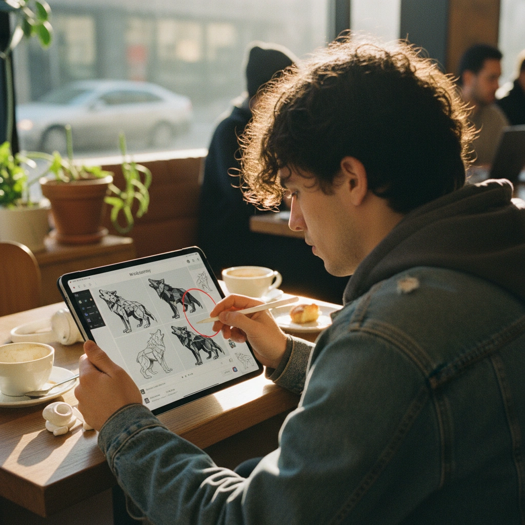 Tattoo artist discussing digital design with client