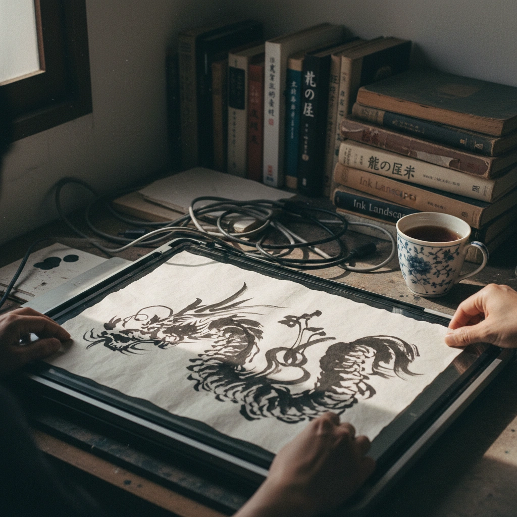 Mesa de trabajo caótica con escáner y arte sumi-e