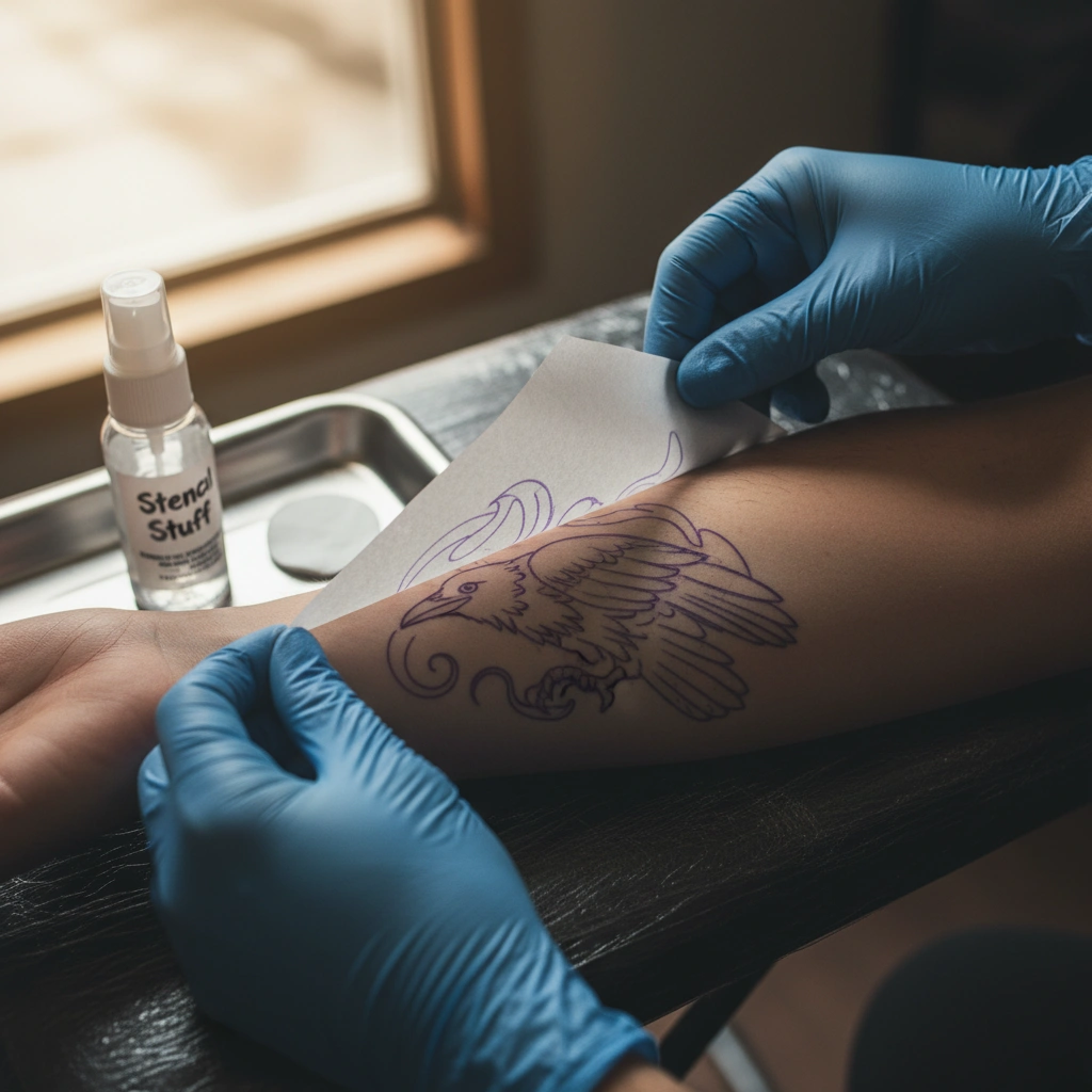 Peeling back transfer paper on forearm