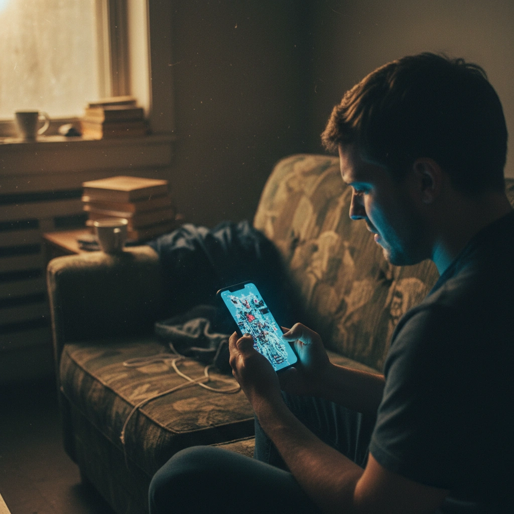 Frustrated man looking at blurry tattoo design on phone