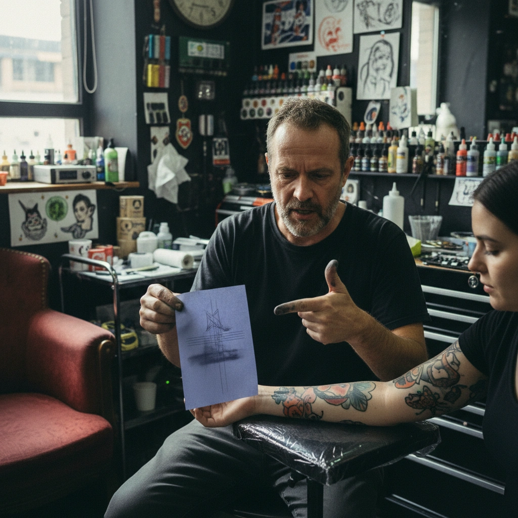 Tatuatore frustrato con stencil sbavato in studio