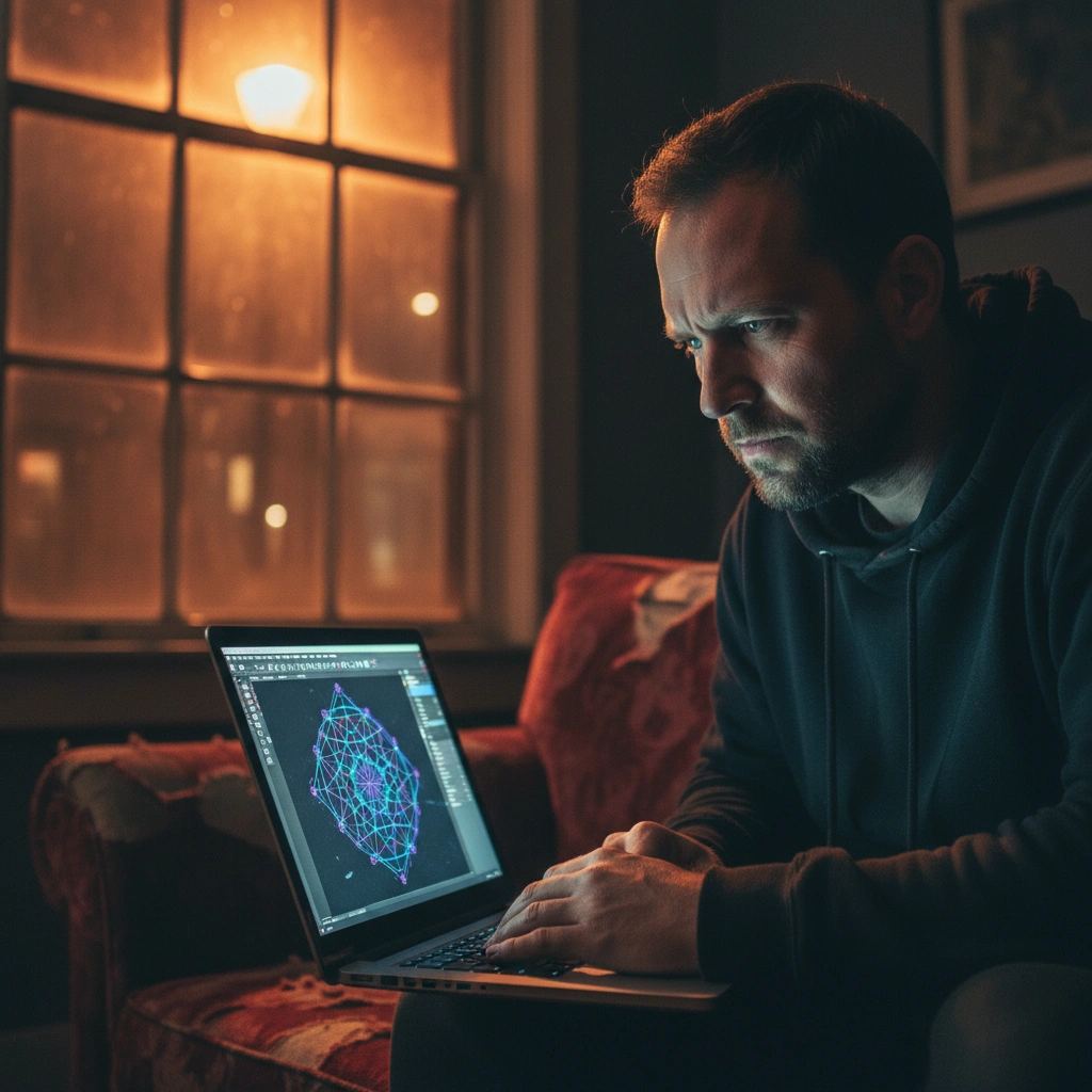 Man using laptop to edit a geometric tattoo design in a dark room