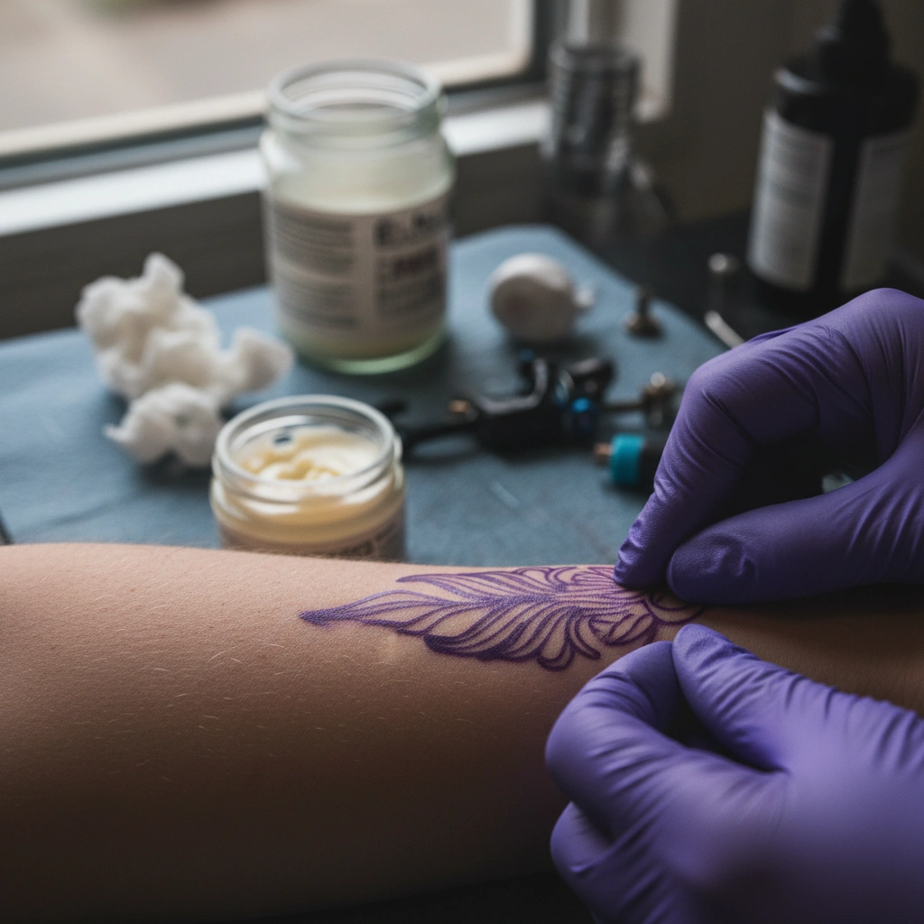 Artist applying purple transfer stencil to arm