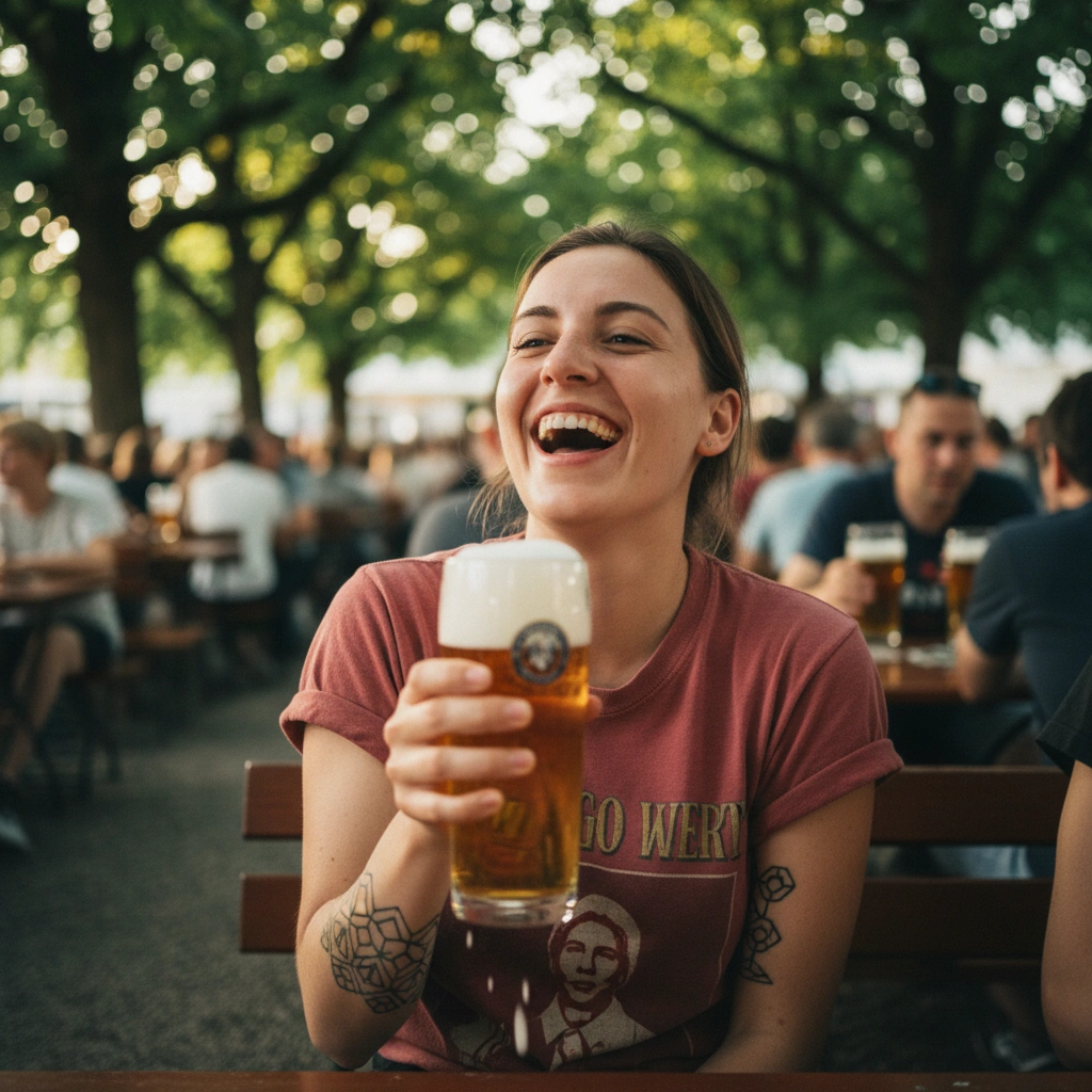 Frau im Biergarten mit geometrischem Tattoo