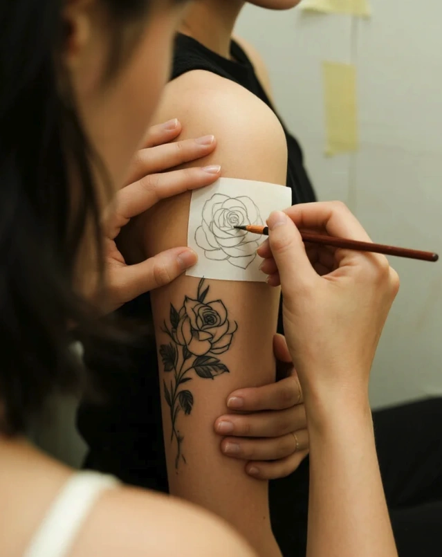 full-size stencil mock taped on bicep in natural daylight to test placement and scale before inking