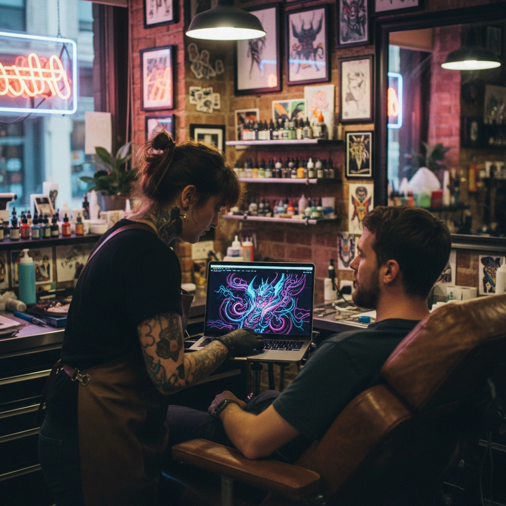 Tatuatrice mostra design IA surreale al cliente