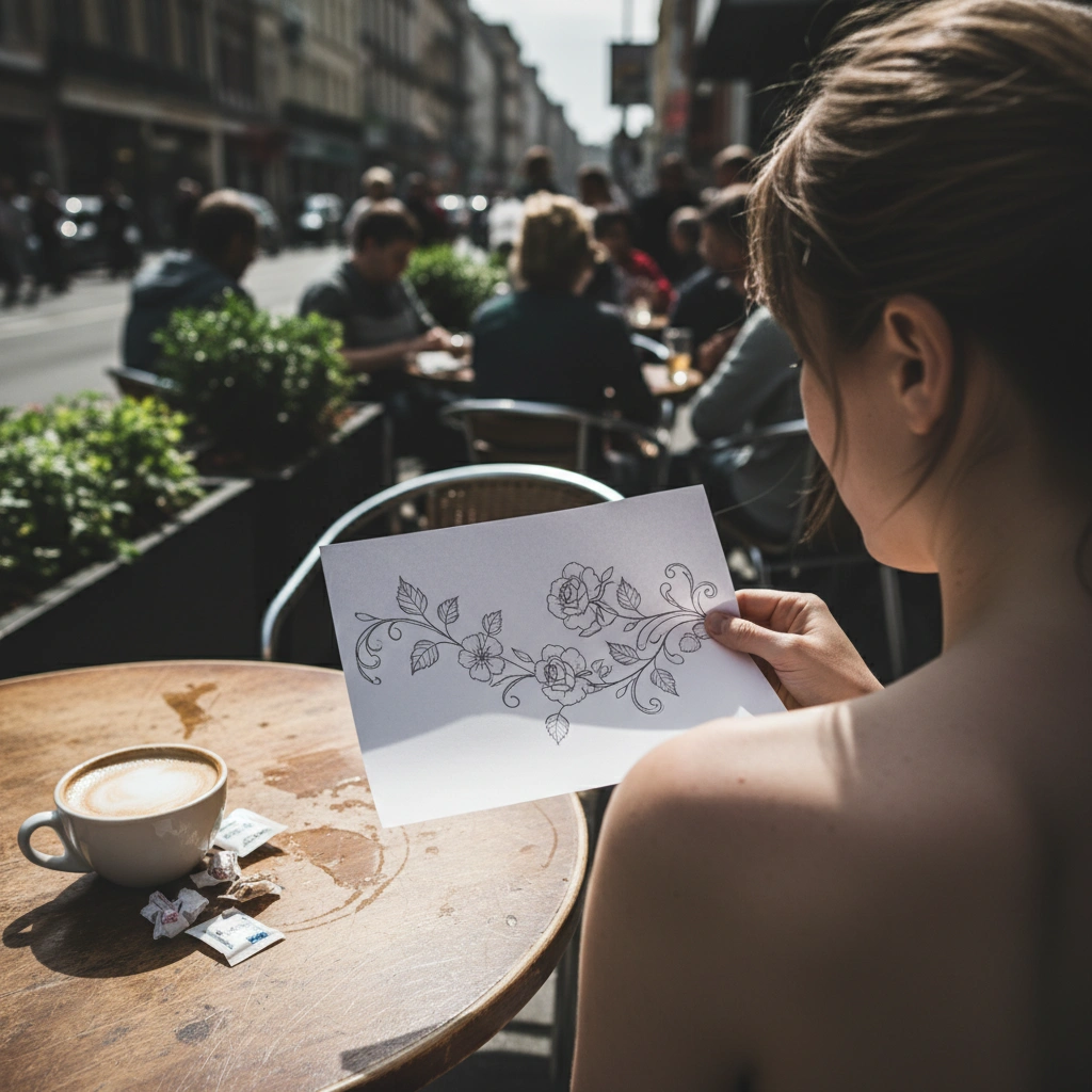 Woman viewing floral tattoo printout in cafe