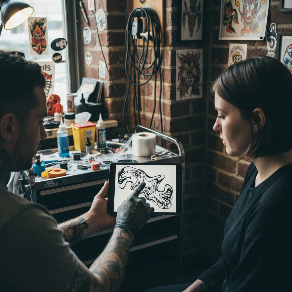 Artist showing client a morphing tattoo design on tablet