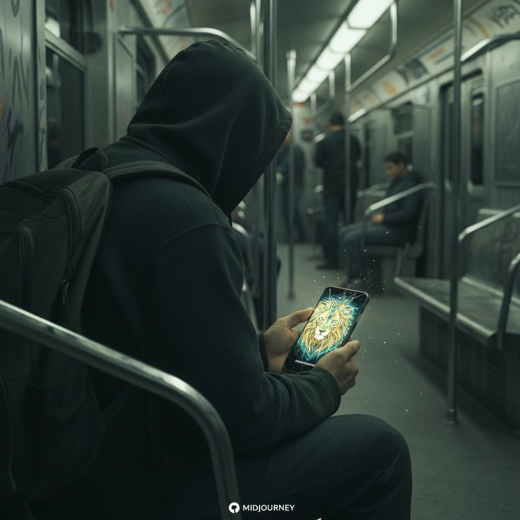 Uomo in metro guarda design AI impossibile su telefono