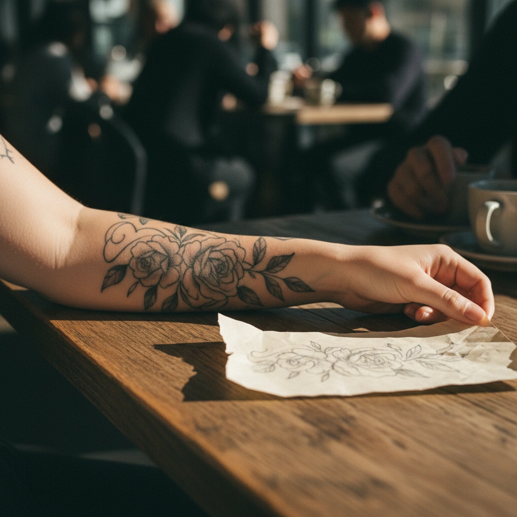 Mujer comparando boceto con tatuaje en piel