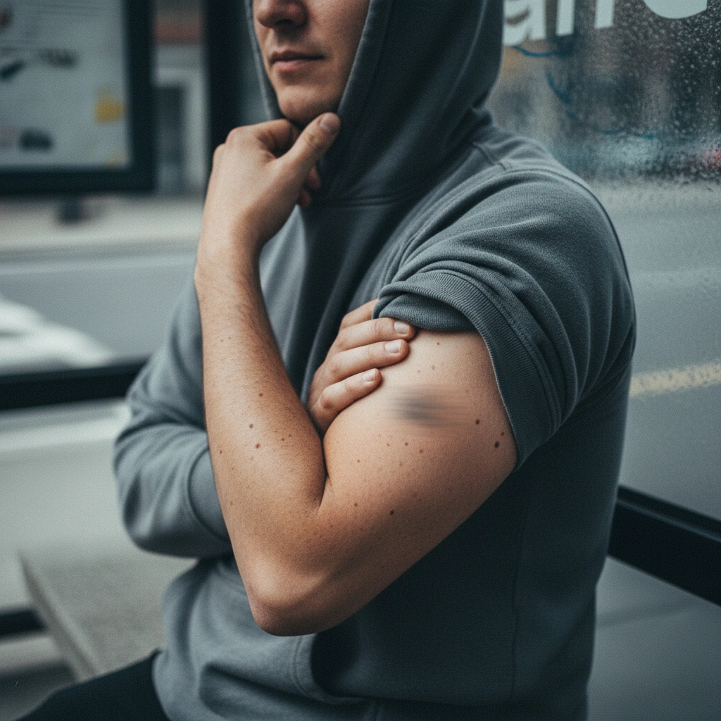 Persona alla fermata bus con tatuaggio fine line sbavato