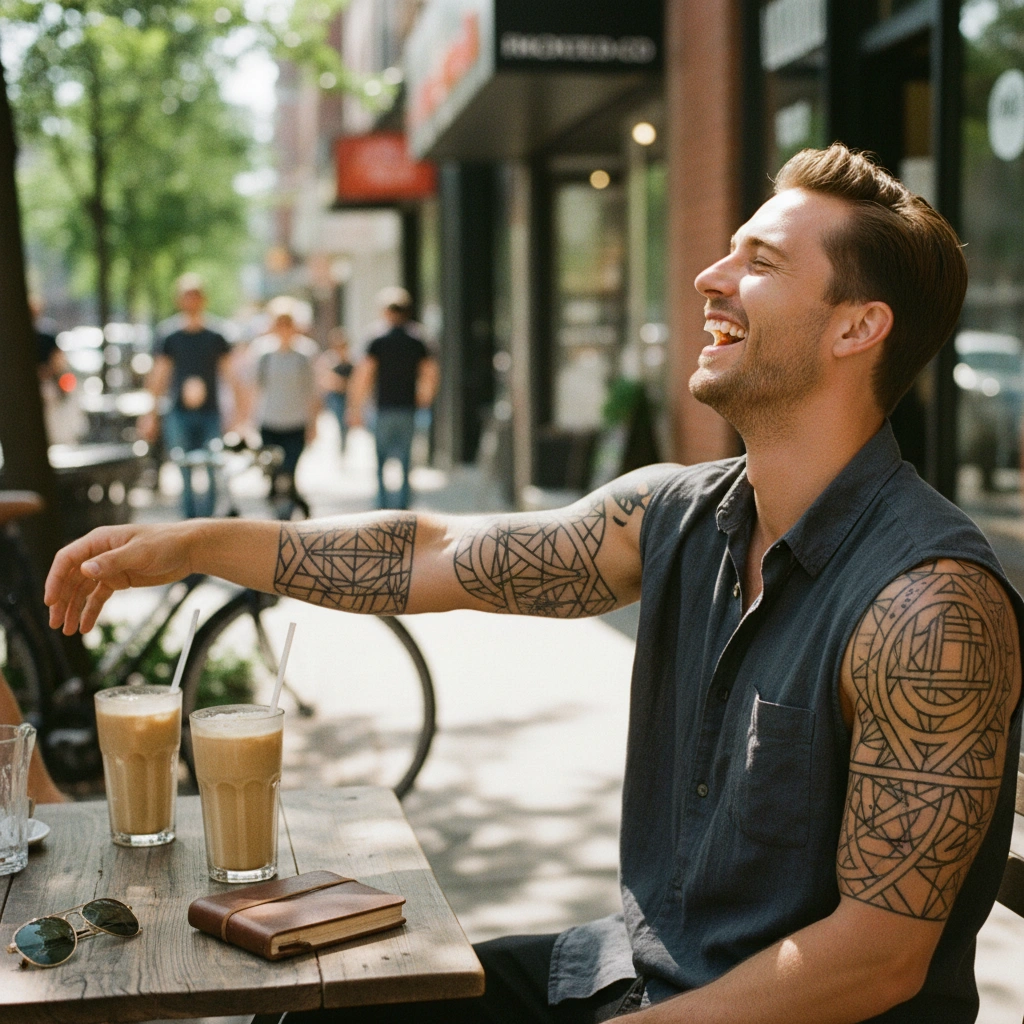 Man showing fresh geometric tattoo on arm