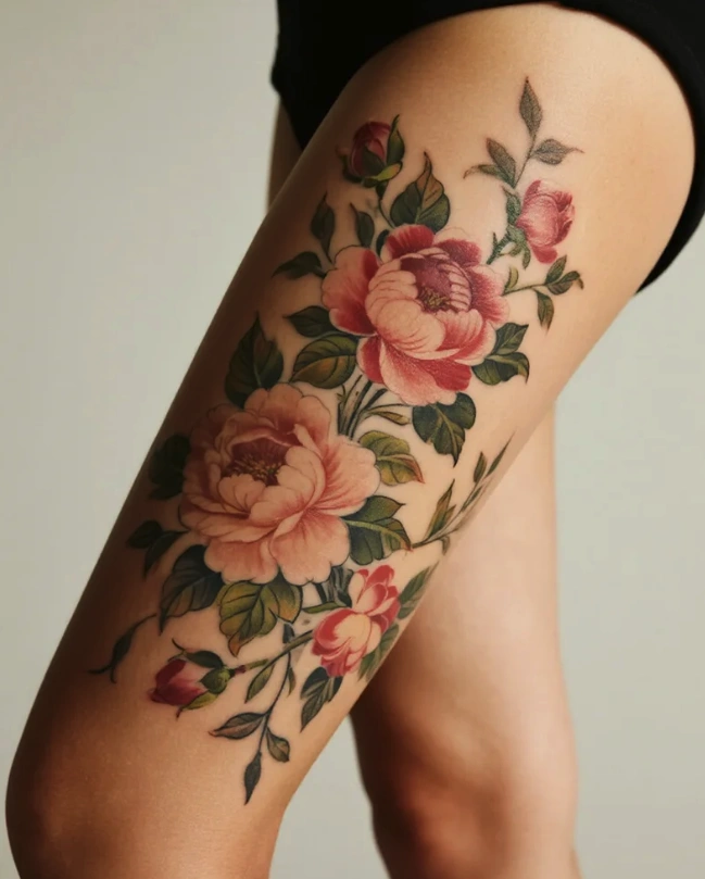 large floral thigh tattoo design on woman