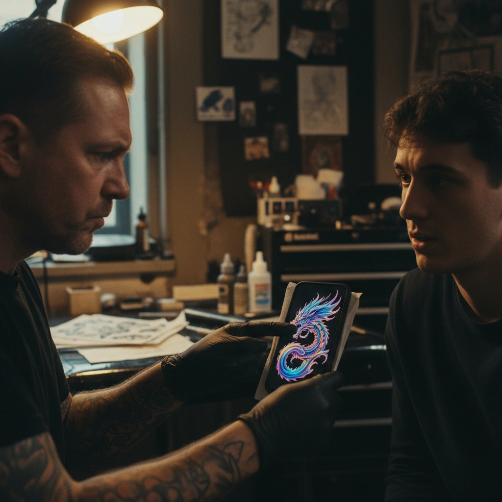 Tattoo artist explaining AI design flaws to client
