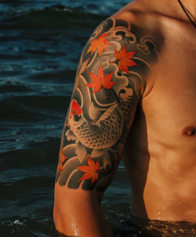 color Japanese koi and maple leaf tattoo flowing along the upper arm with water and movement