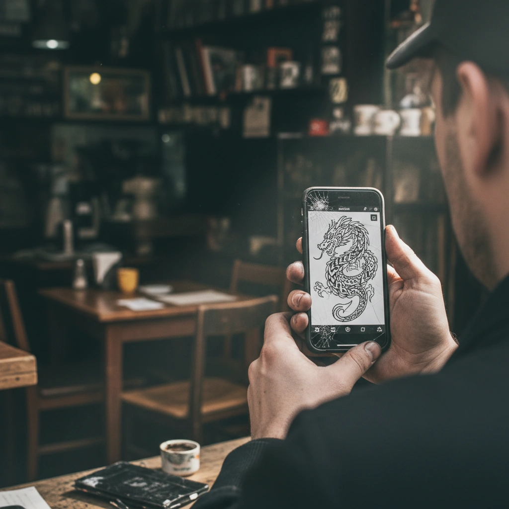 Artist using tattoo stencil app on phone
