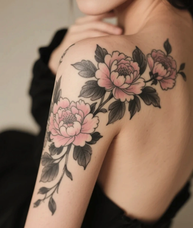 black and gray peony floral tattoo wrapping the shoulder cap with soft shading and negative space