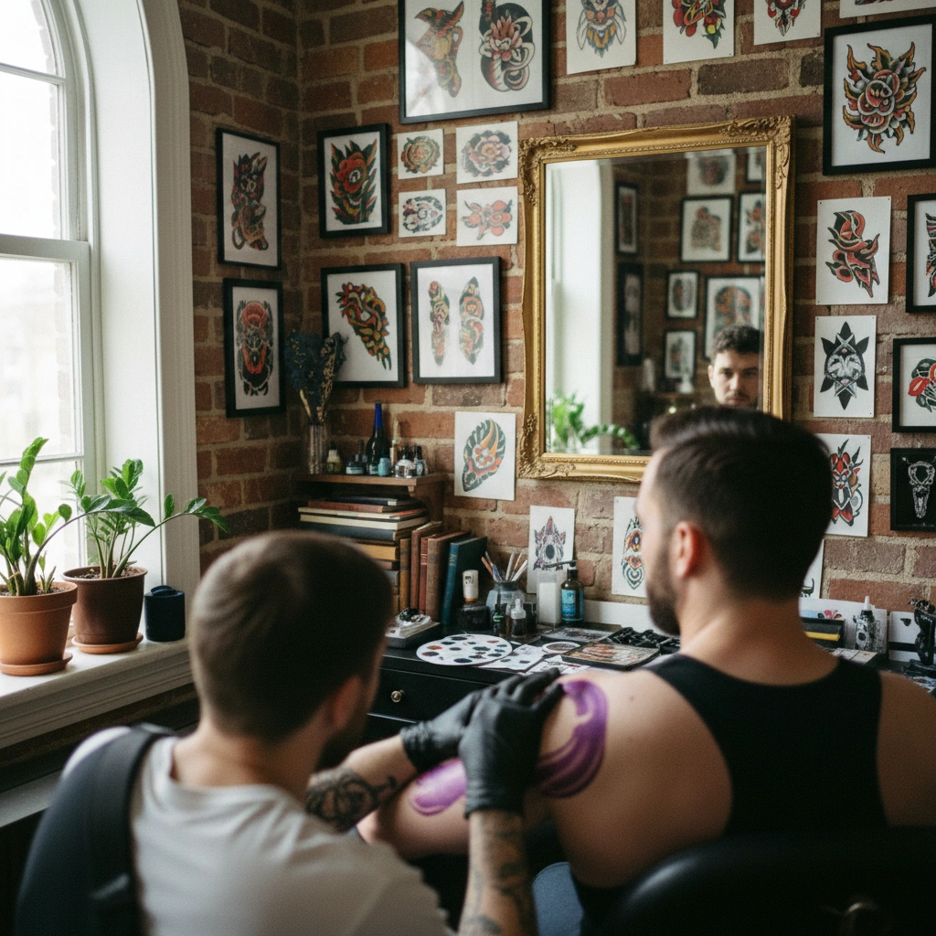 Tatuador aplicando stencil en brazo de cliente