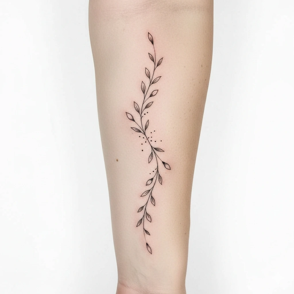 Fine-line minimalist floral vine forearm tattoo design for women