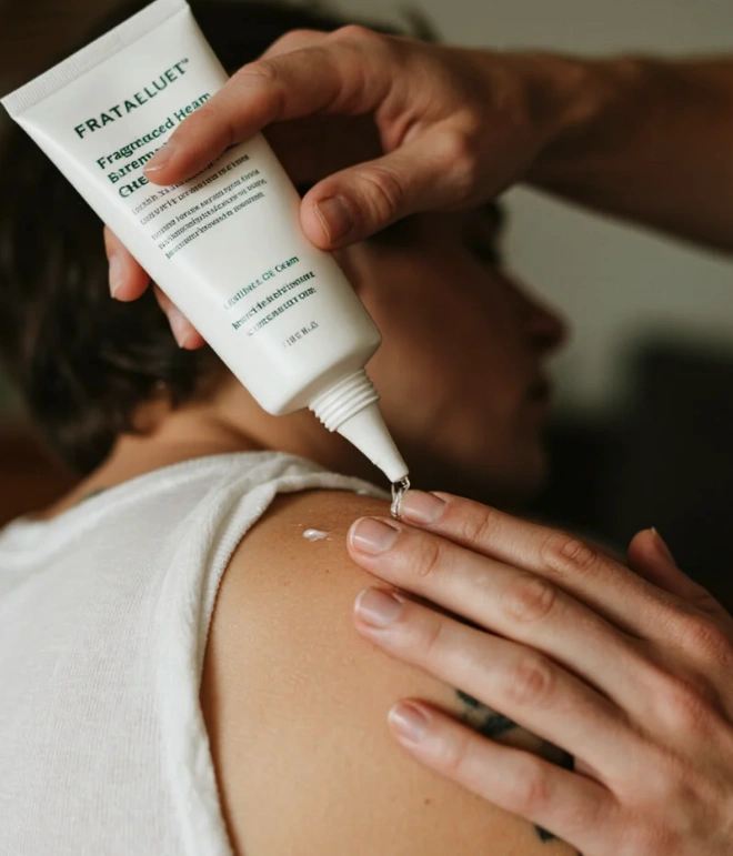 tattoo moisturizer application – applying healing balm to shoulder tattoo