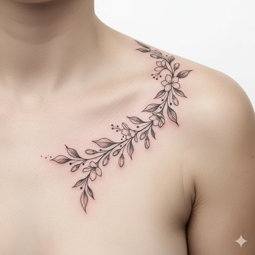 Fine-line floral vine shoulder and chest tattoo design for women