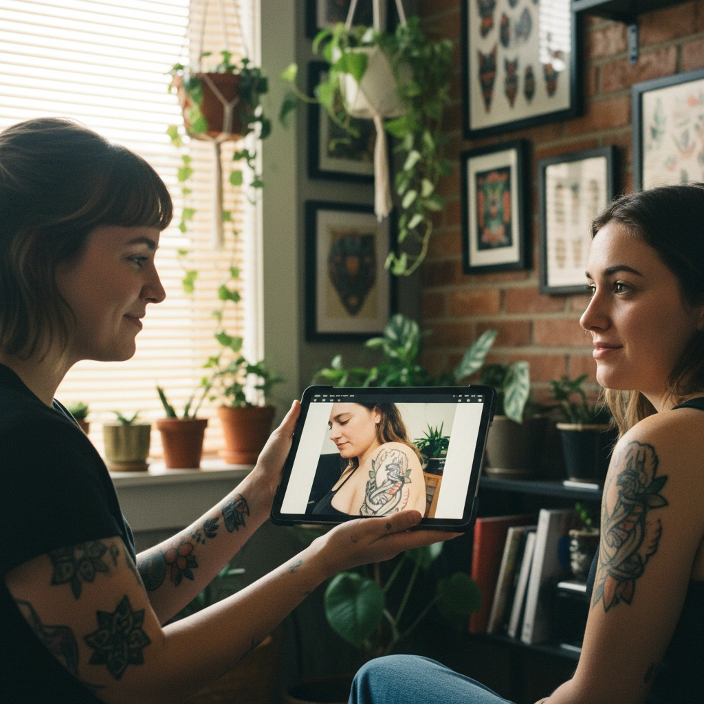 Artista mostrando diseño digital en iPad