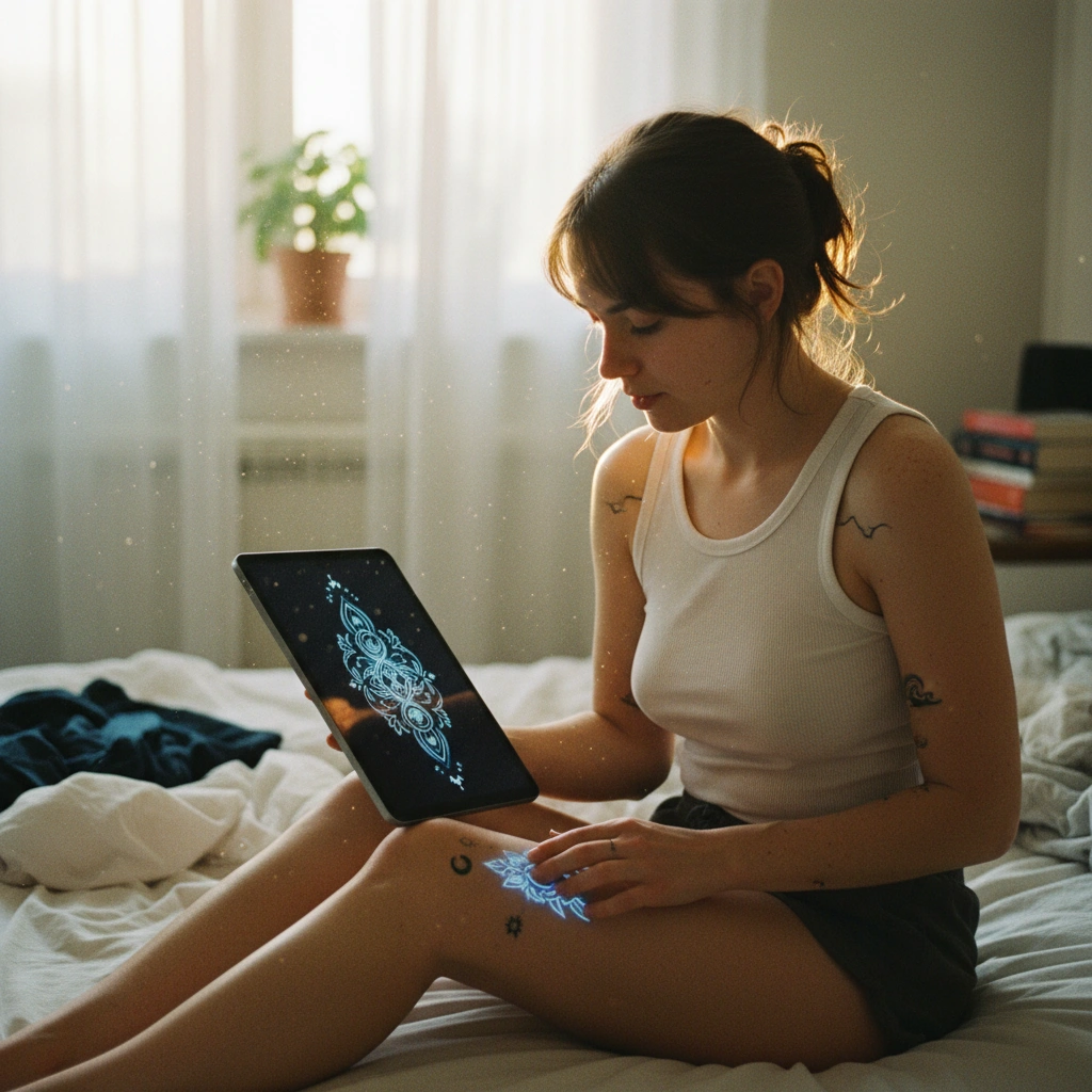 Young woman comparing digital tattoo design to her leg