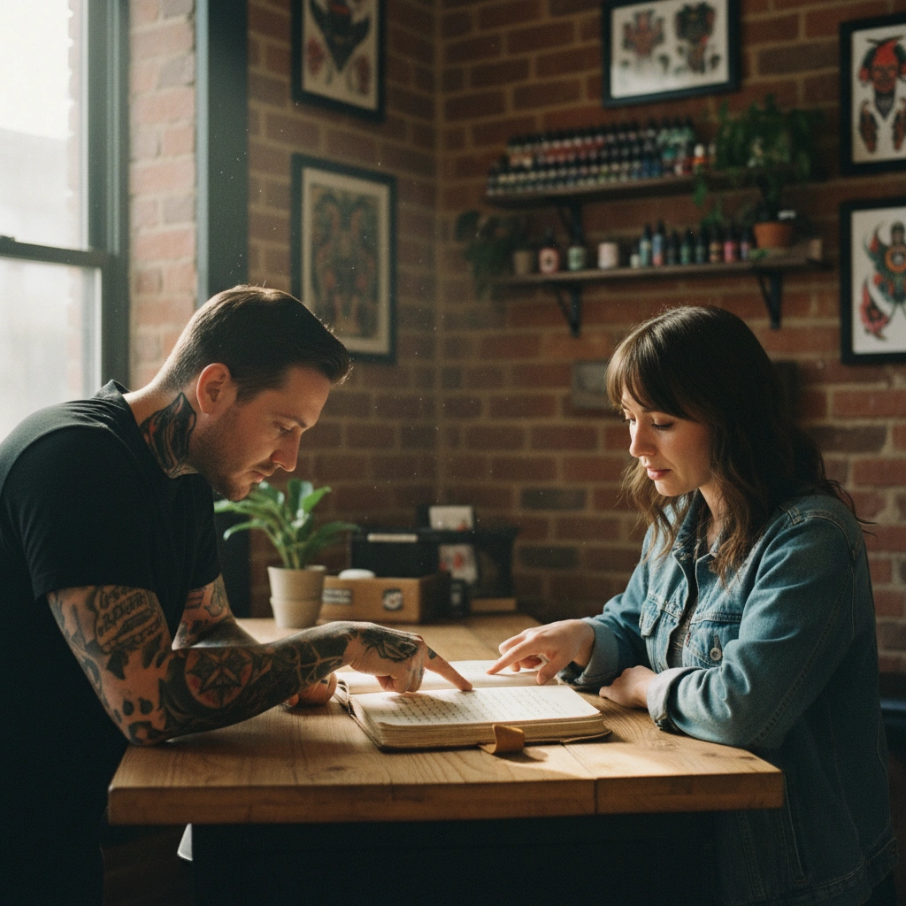 Tattoo artist discussing emotional design with client
