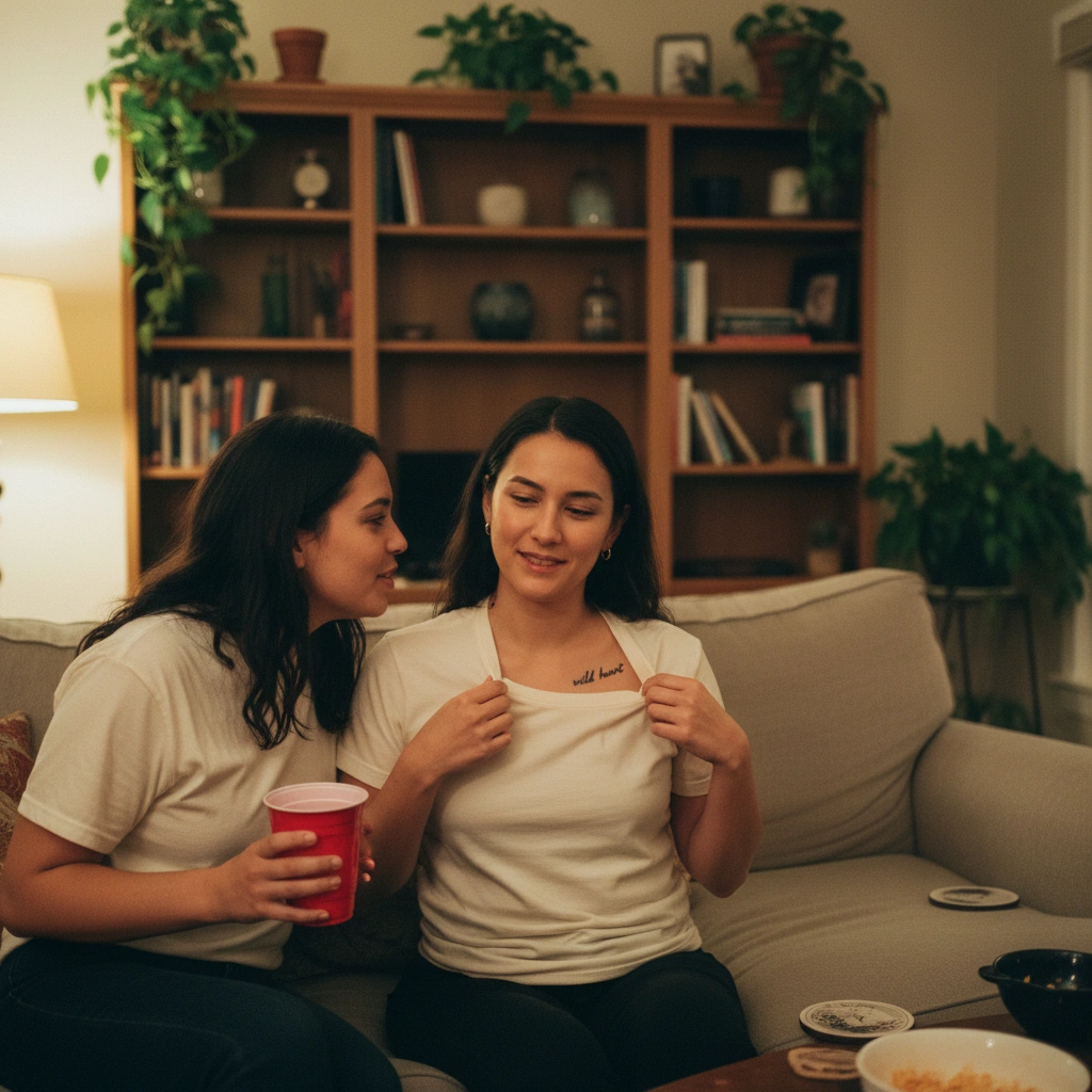 Woman showing small text tattoo to friend at party