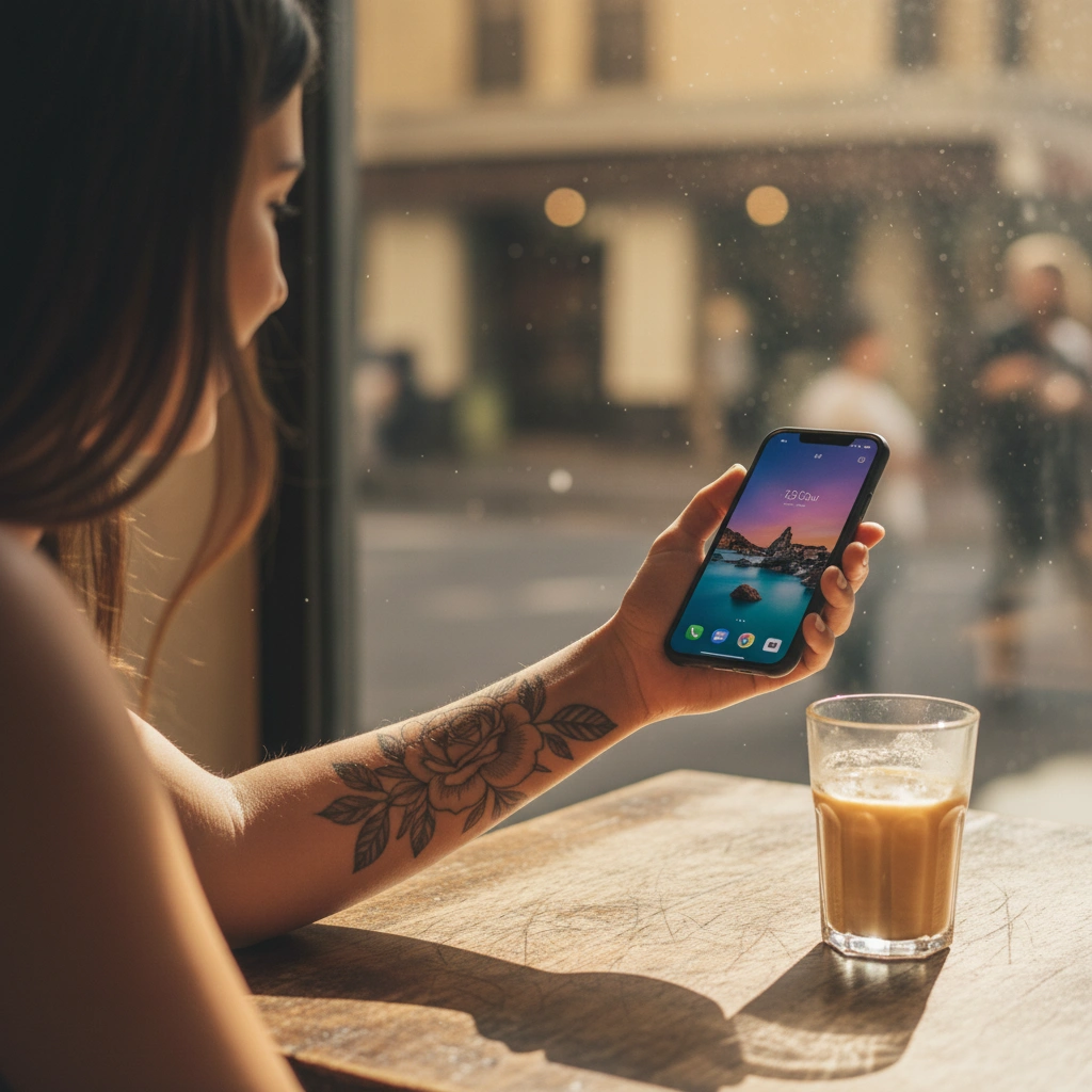 Woman in a cafe checking a floral tattoo design on her arm using a phone app