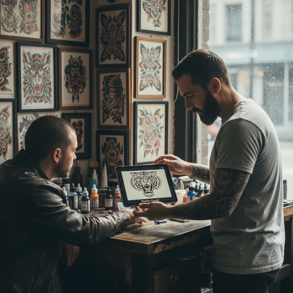 Tattoo artist holding iPad with clean vector design