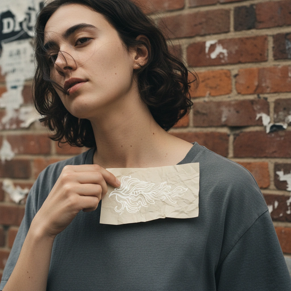 Person holding paper concept of white ink design against neck