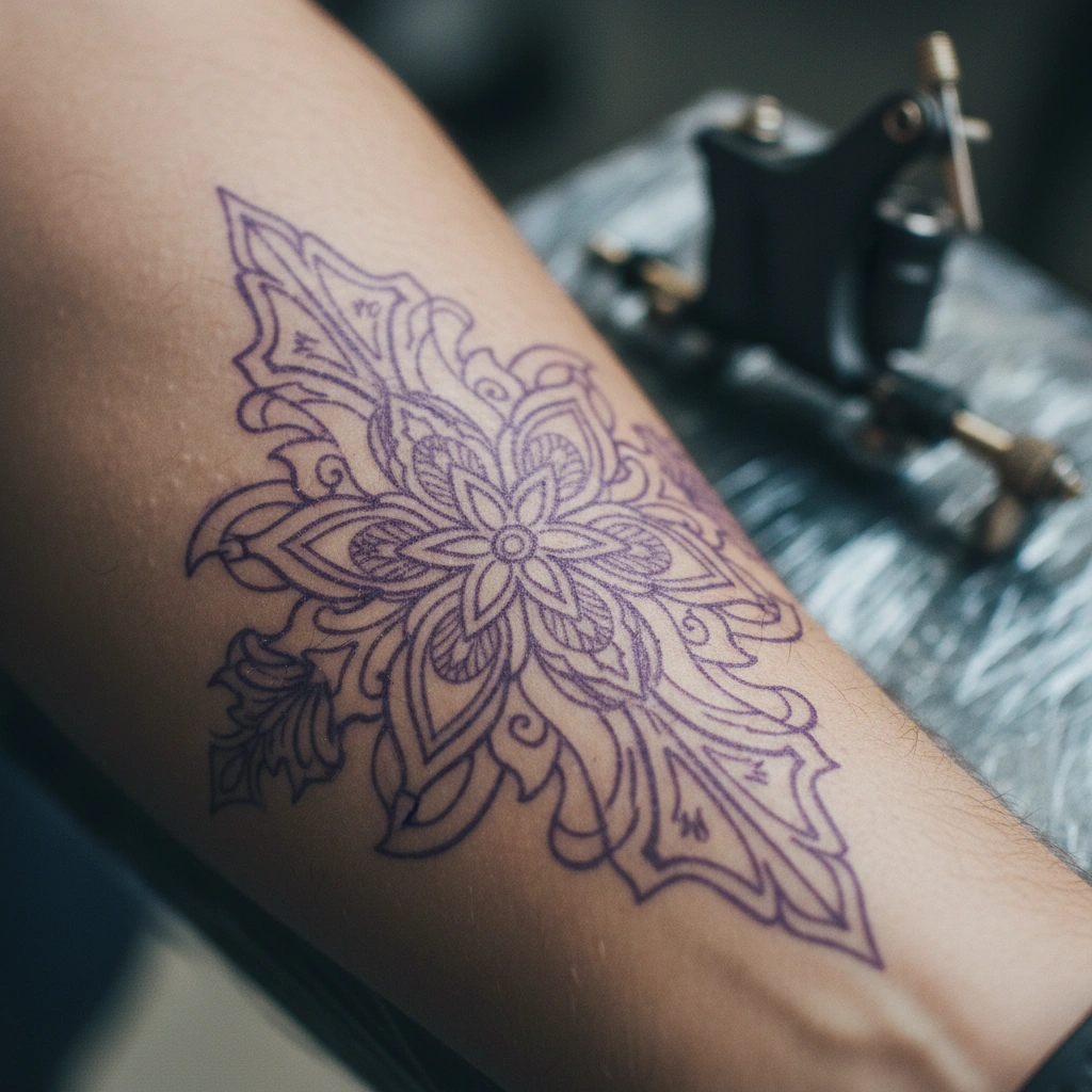Purple tattoo stencil on forearm skin